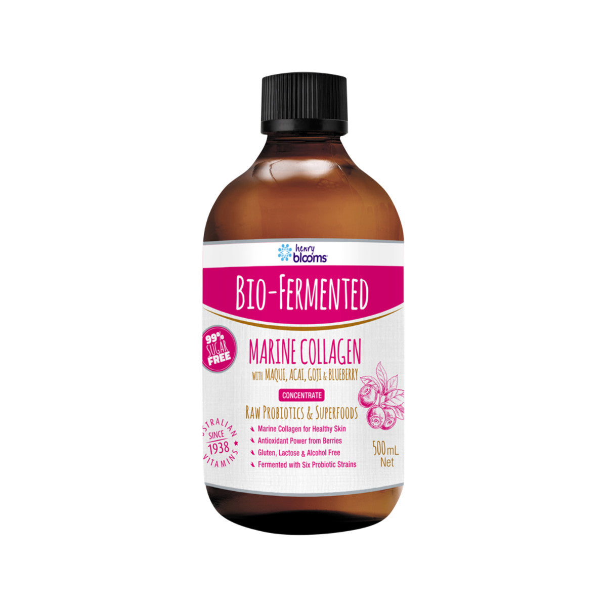 Henry Blooms Bio-Fermented Marine Collagen Concentrate (with Maqui, Acai, Goji & Blueberry) 500ml